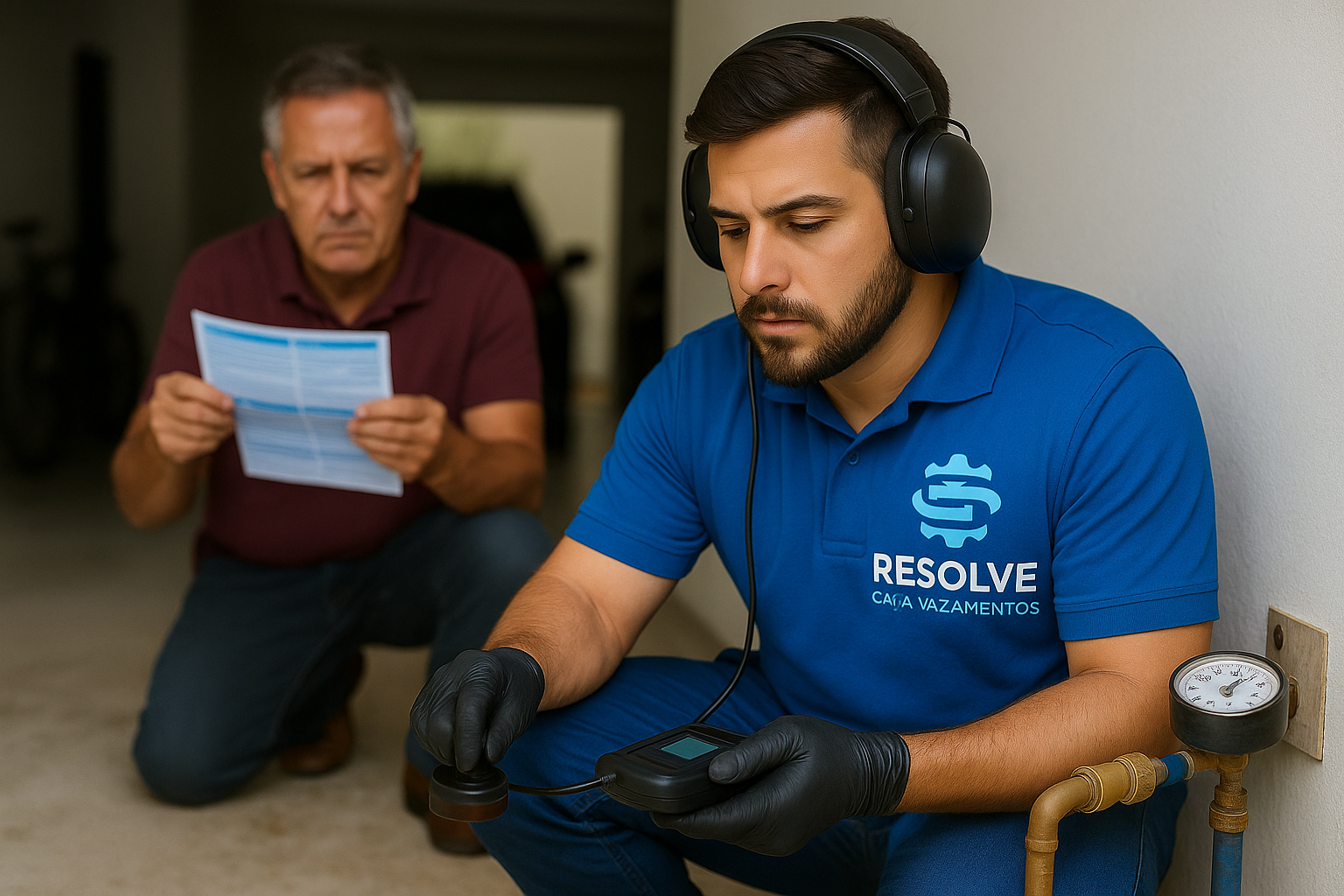 Equipe técnica avaliando problema de infiltração