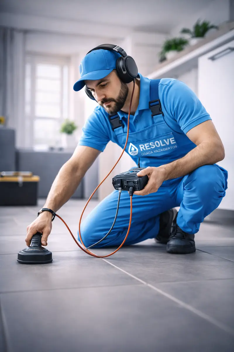 Técnico realizando detecção de vazamento com geofone